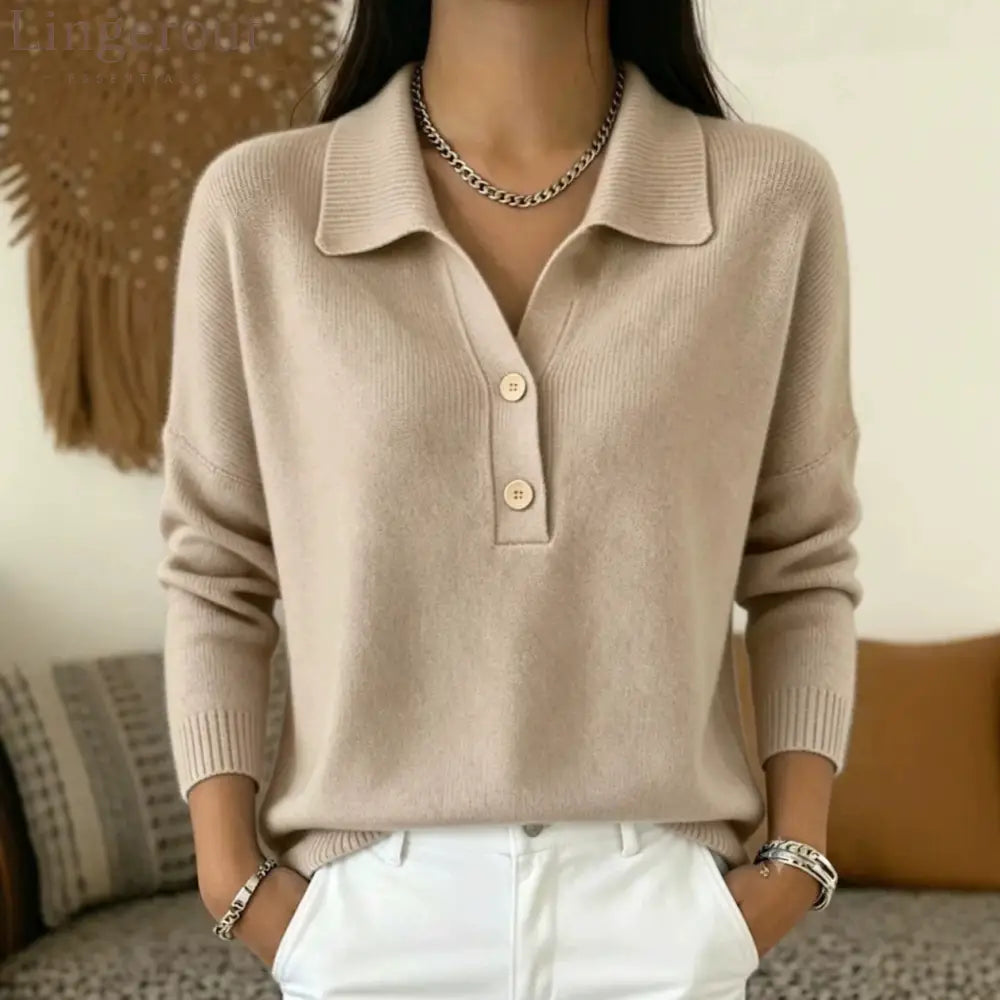 Polo Collar Half Button Fine Knit Long Sleeve Sweater