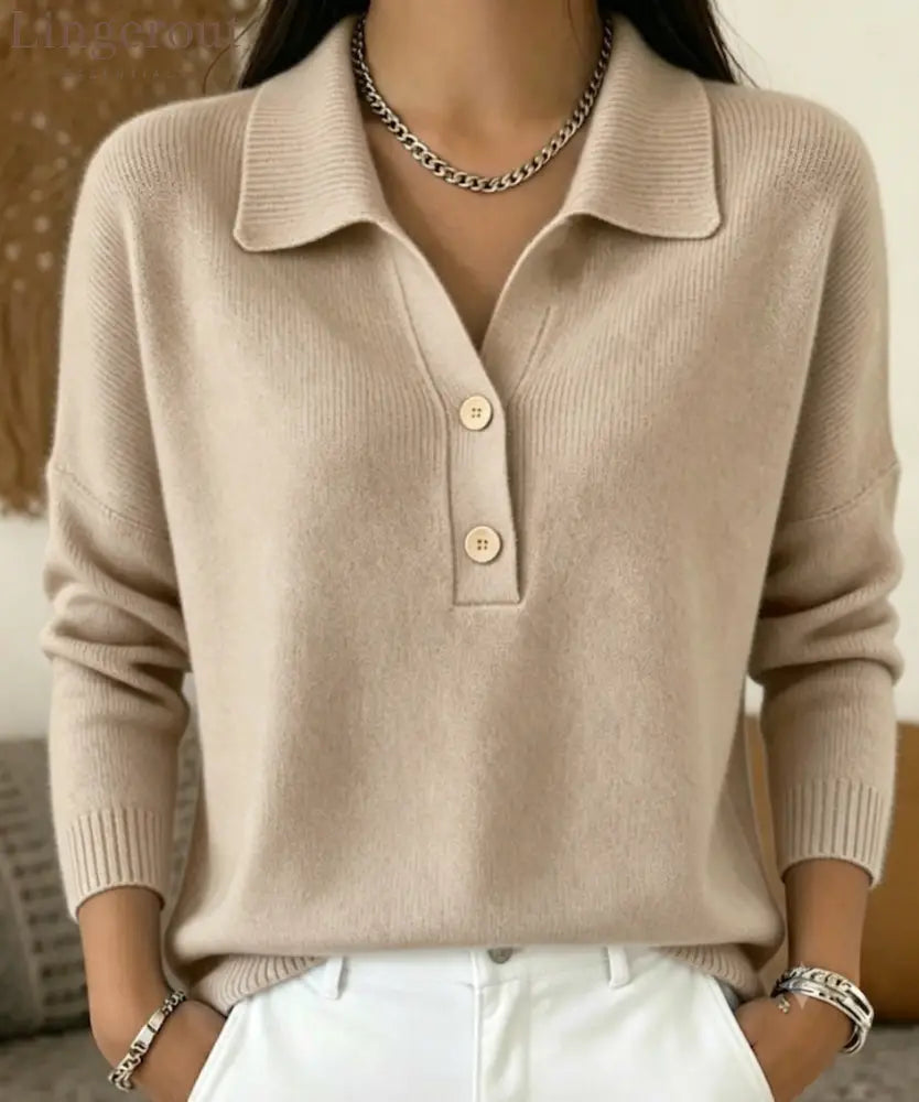 Polo Collar Half Button Fine Knit Long Sleeve Sweater - Apricot / S