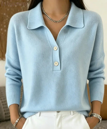 Polo Collar Half Button Fine Knit Long Sleeve Sweater - Light blue / S