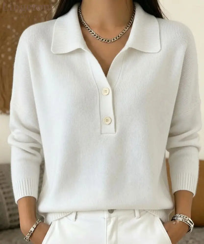 Polo Collar Half Button Fine Knit Long Sleeve Sweater - White / S