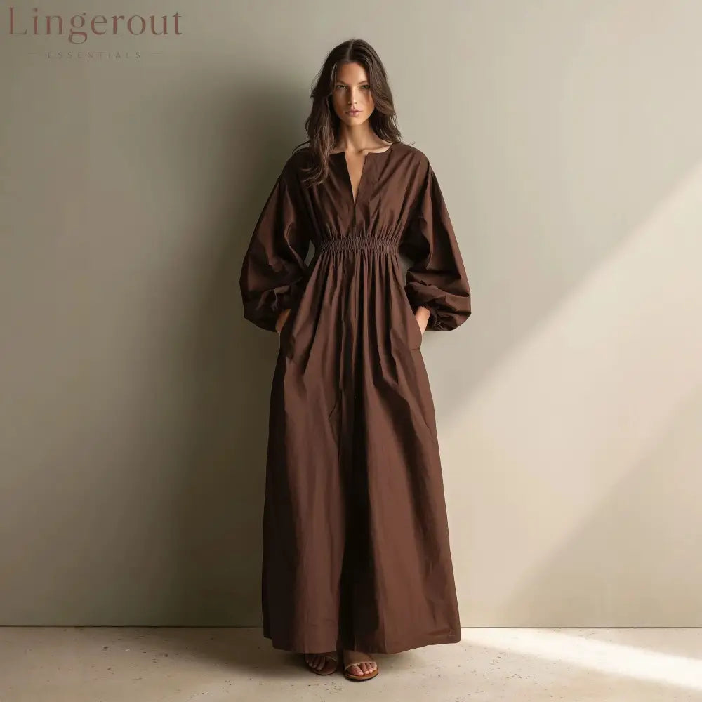 Poplin Split V Balloon Sleeve Smocked Waist Maxi Dress
