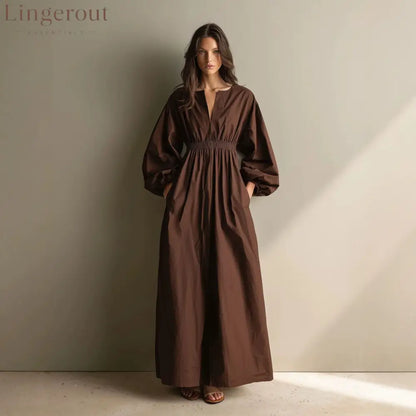 Poplin Split V Balloon Sleeve Smocked Waist Maxi Dress