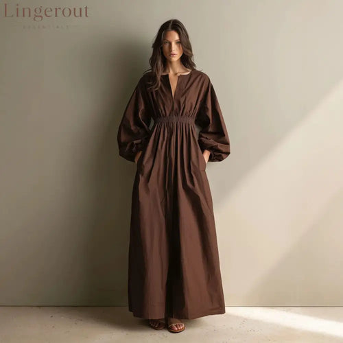 Poplin Split V Balloon Sleeve Smocked Waist Maxi Dress