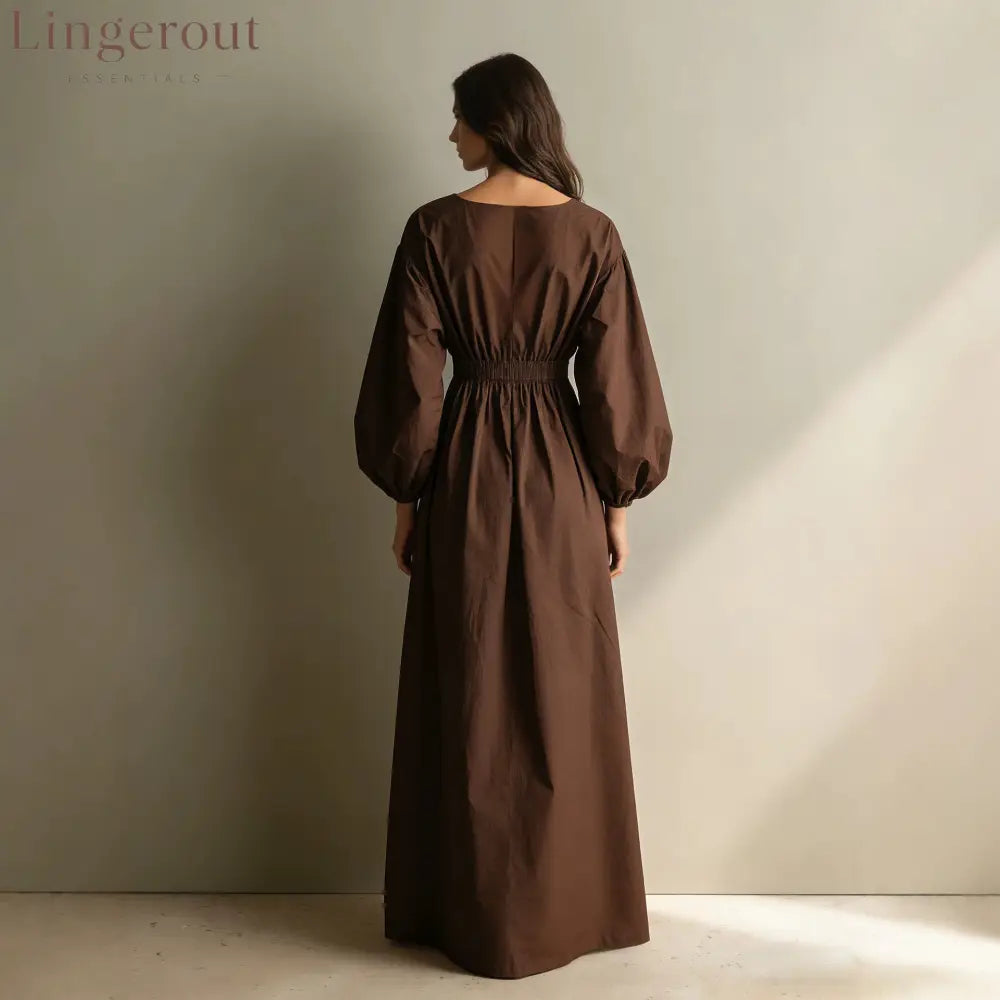 Poplin Split V Balloon Sleeve Smocked Waist Maxi Dress