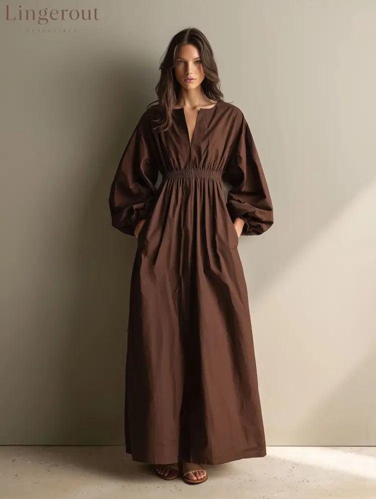 Poplin Split V Balloon Sleeve Smocked Waist Maxi Dress - Brown / S