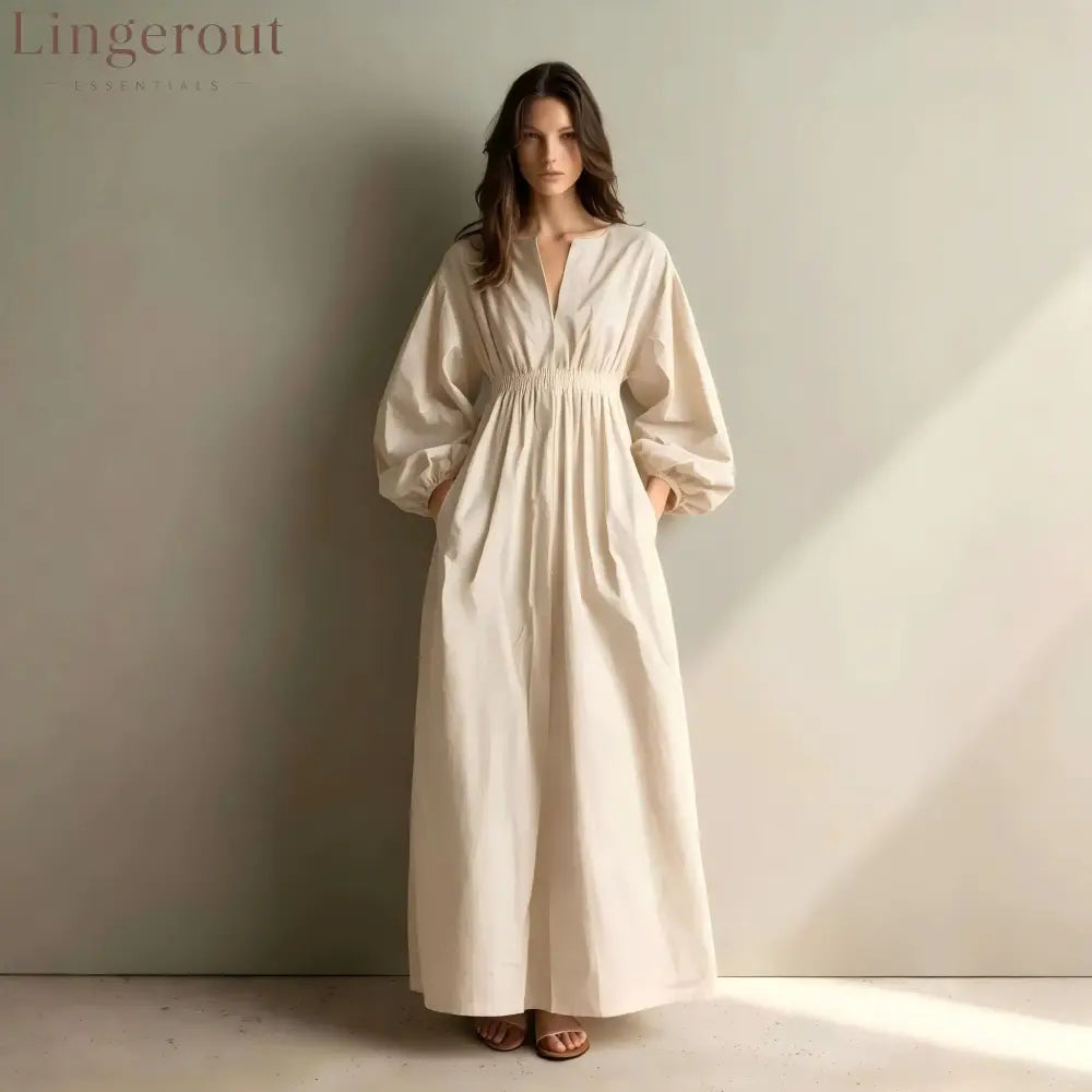 Poplin Split V Balloon Sleeve Smocked Waist Maxi Dress - Off white / S