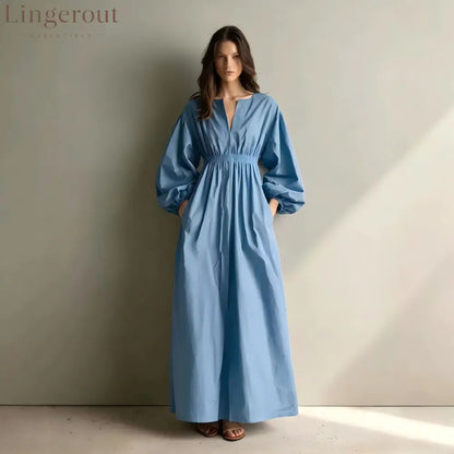 Poplin Split V Balloon Sleeve Smocked Waist Maxi Dress - Sky blue / S