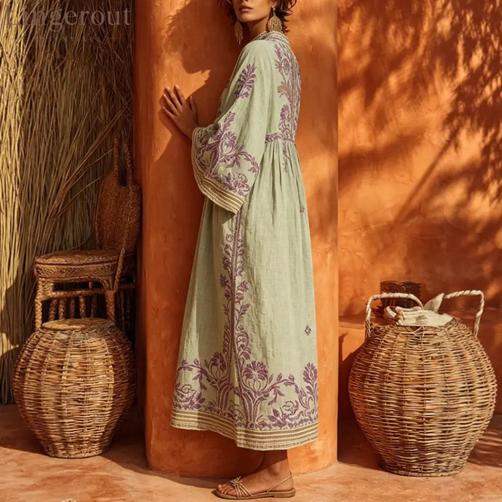 Premium Embroidered Linen-Blend Kaftan Maxi Dress