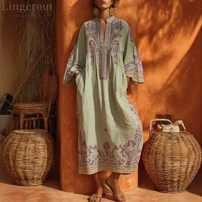 Premium Embroidered Linen-Blend Kaftan Maxi Dress - Light green / S