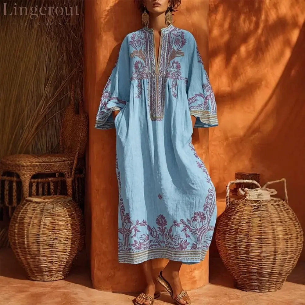 Premium Embroidered Linen-Blend Kaftan Maxi Dress - Sky blue / S
