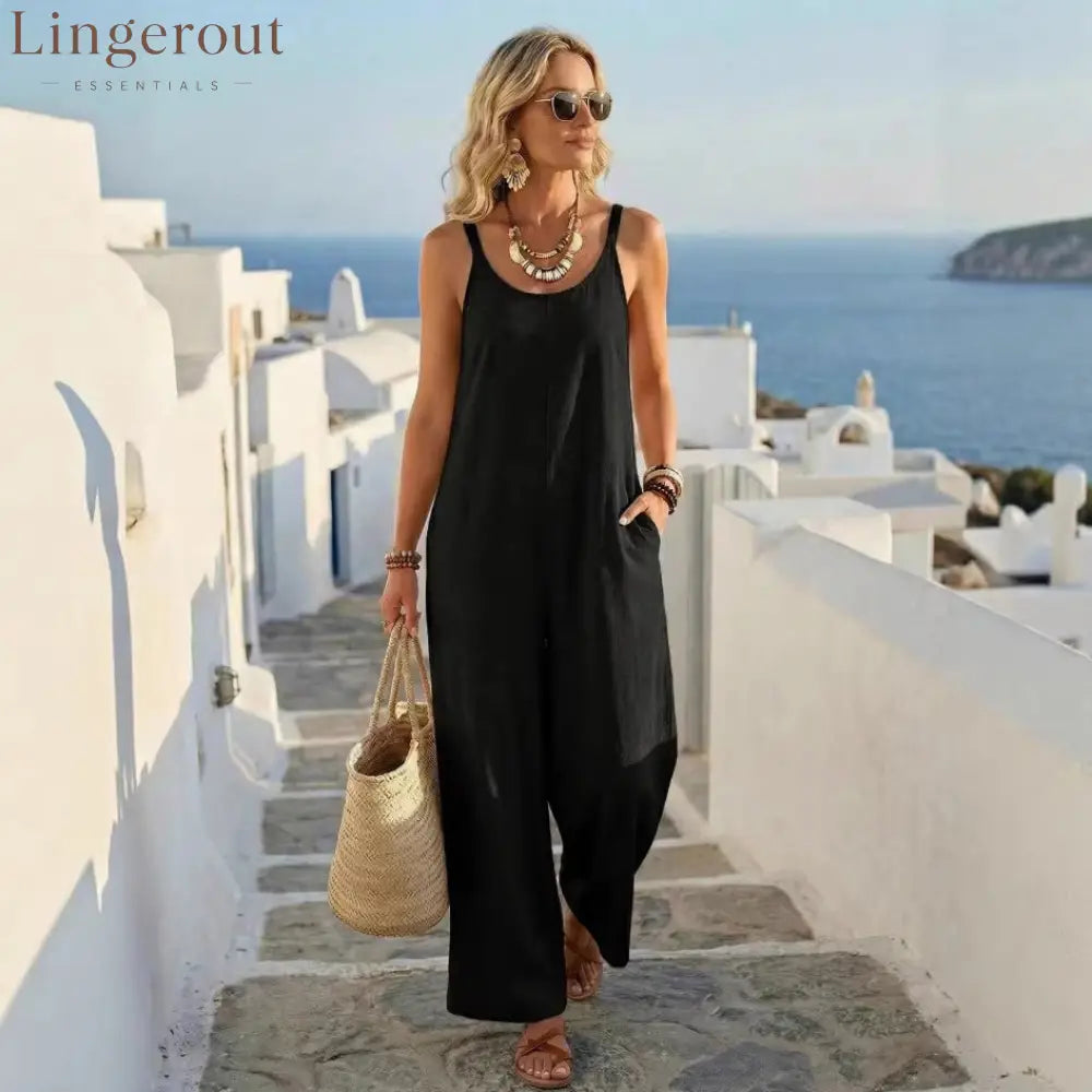 🌟 Premium Linen-Blend Sleeveless Wide-Leg Jumpsuit