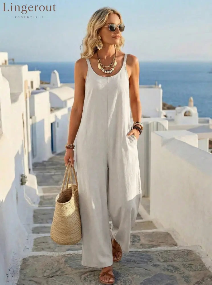 🌟 Premium Linen-Blend Sleeveless Wide-Leg Jumpsuit - White / XS