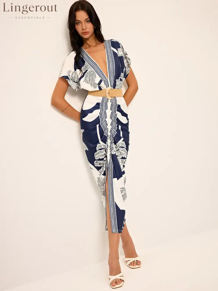 Printed Deep V-Neck Midi Dress Without Belt