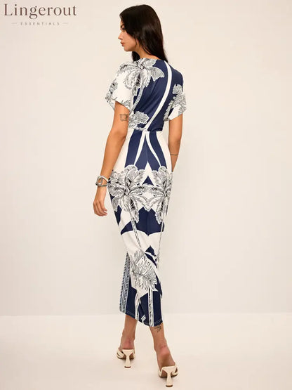 Printed Deep V-Neck Midi Dress Without Belt