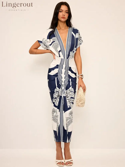 Printed Deep V-Neck Midi Dress Without Belt - Navy / S