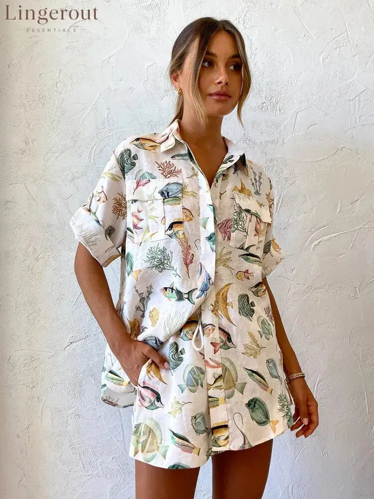 Printed Shirts Shorts Suit Female Holiday Casual Short Sleeve Loose Top Linen Women 2 Pieces Set Summer Fashion Outfits