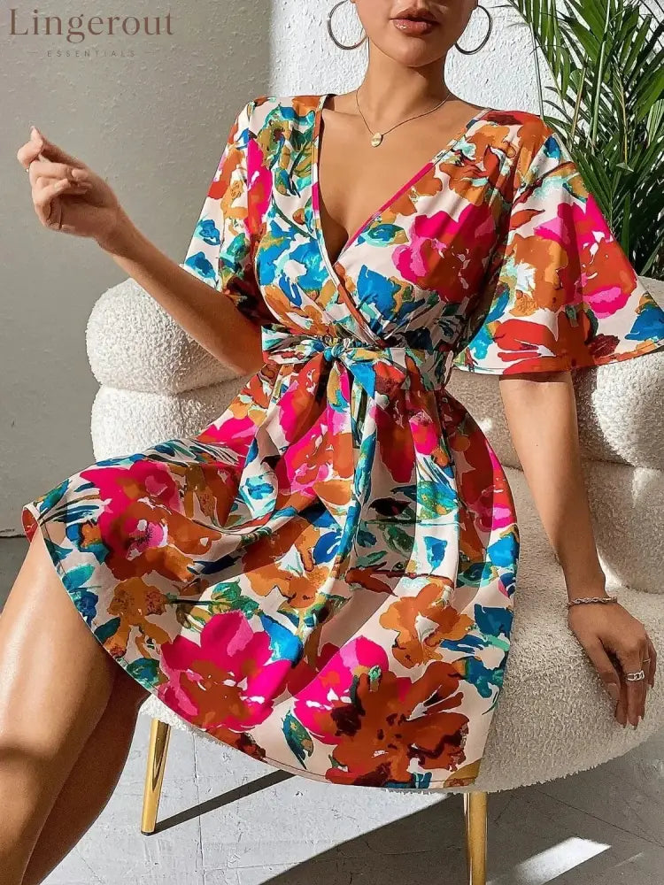 Printed Surplice Short Sleeve Mini Dress - Hot Pink / S