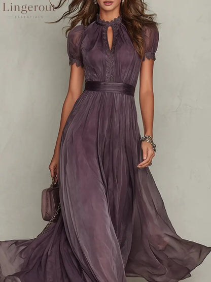 Purple Keyhole Neckline Chiffon Lace Trim Maxi Dress