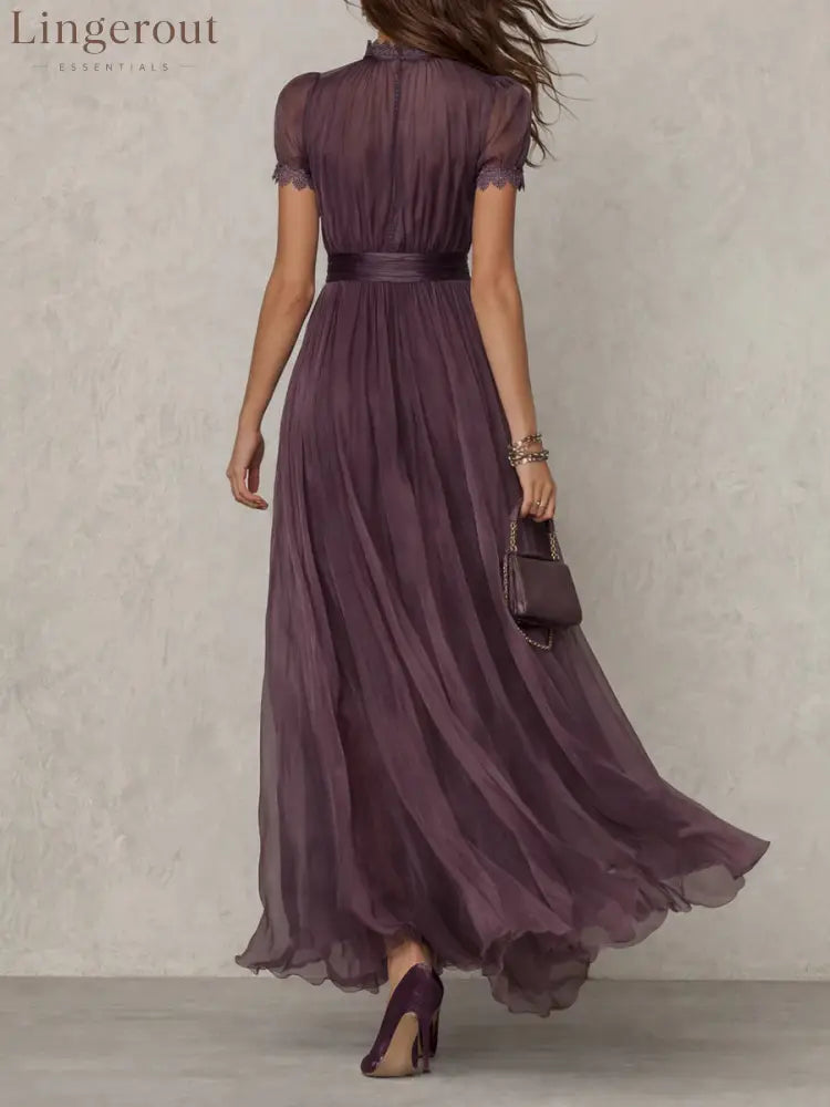 Purple Keyhole Neckline Chiffon Lace Trim Maxi Dress