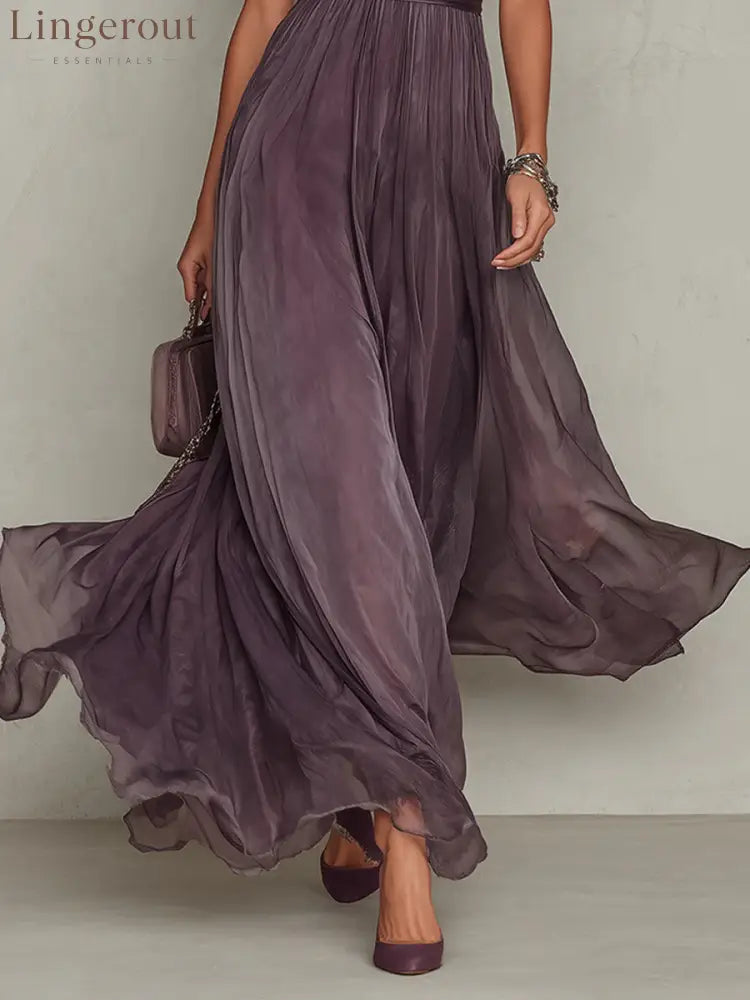 Purple Keyhole Neckline Chiffon Lace Trim Maxi Dress