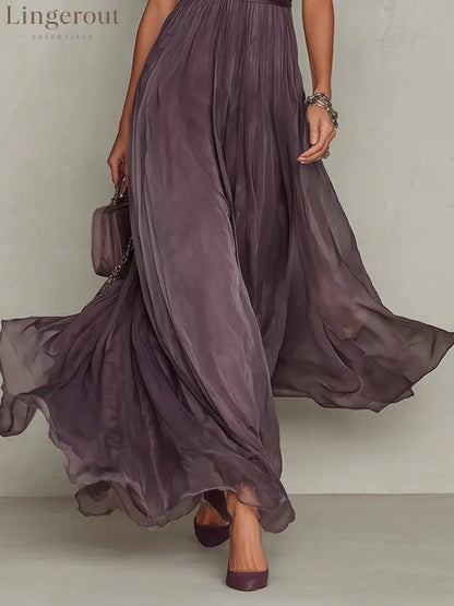 Purple Keyhole Neckline Chiffon Lace Trim Maxi Dress