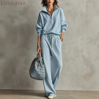 Quarter Zip Ribbed Knit Two-Piece Loungewear Set