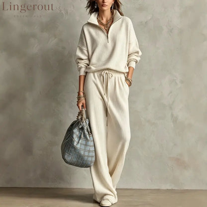 Quarter Zip Ribbed Knit Two-Piece Loungewear Set
