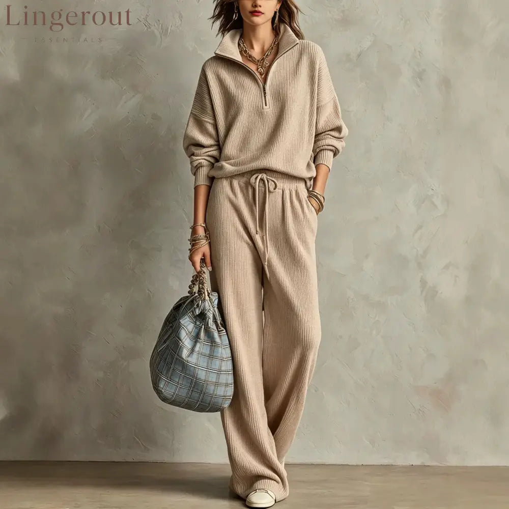 Quarter Zip Ribbed Knit Two-Piece Loungewear Set