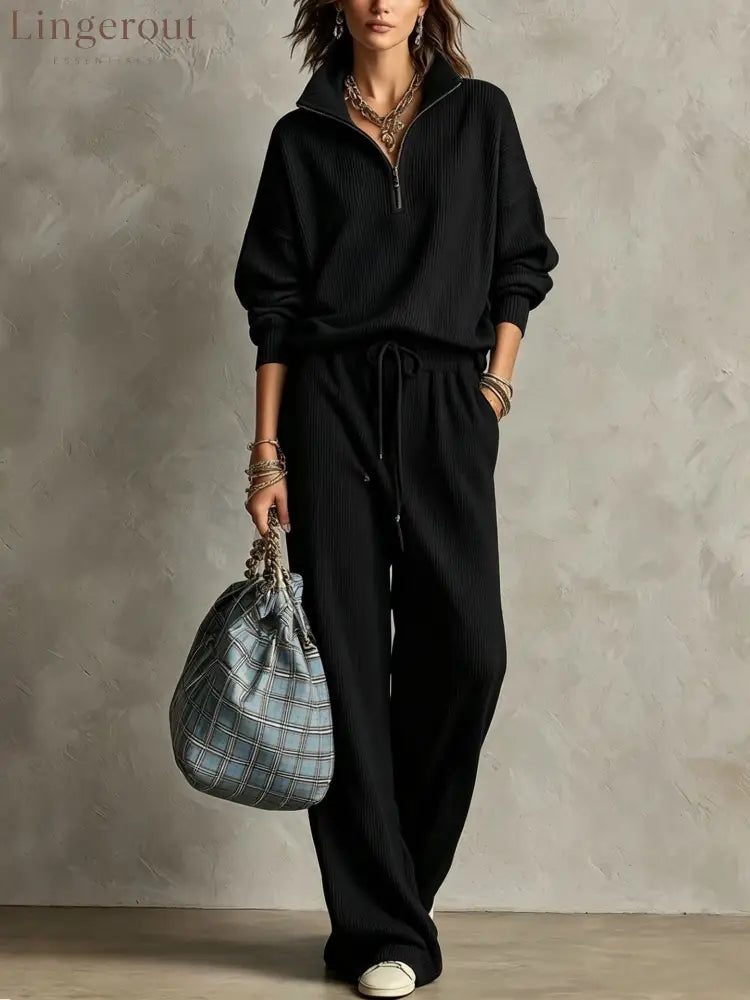 Quarter Zip Ribbed Knit Two-Piece Loungewear Set - Black / S
