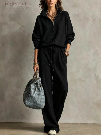Quarter Zip Ribbed Knit Two-Piece Loungewear Set - Black / S