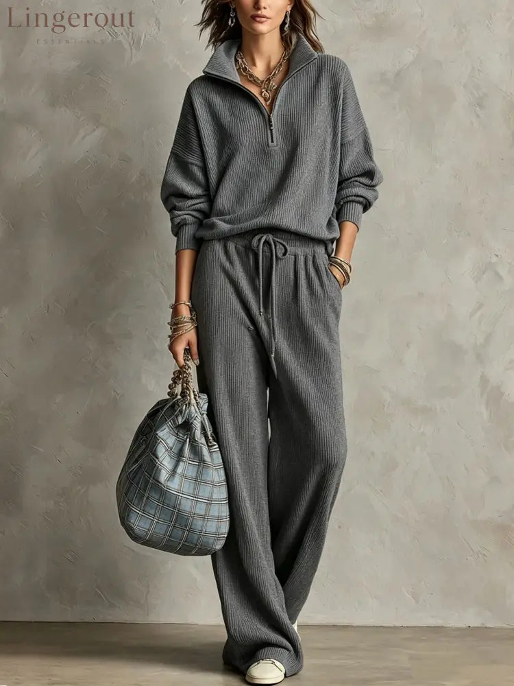 Quarter Zip Ribbed Knit Two-Piece Loungewear Set - Dark gray / S