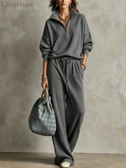 Quarter Zip Ribbed Knit Two-Piece Loungewear Set - Dark gray / S