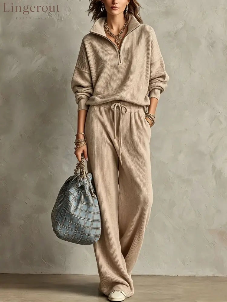 Quarter Zip Ribbed Knit Two-Piece Loungewear Set - Khaki / S