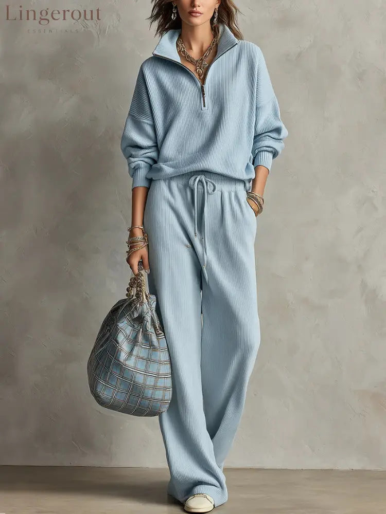 Quarter Zip Ribbed Knit Two-Piece Loungewear Set - Light blue / S