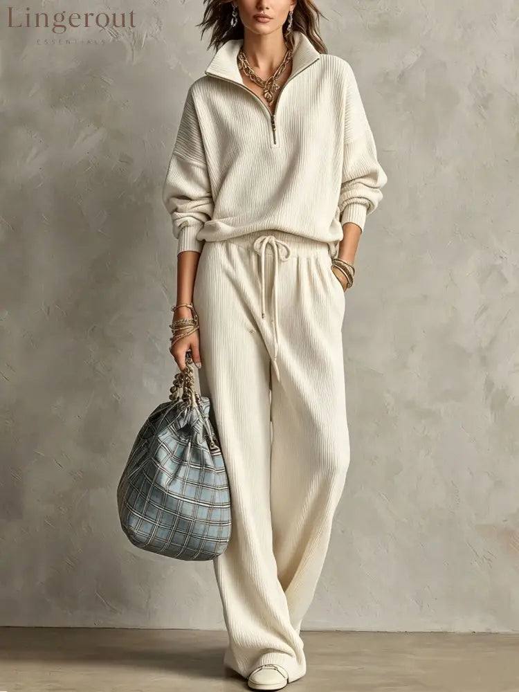 Quarter Zip Ribbed Knit Two-Piece Loungewear Set - Milky / S