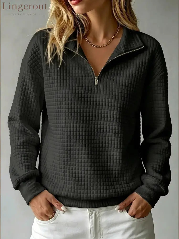 Quilted Half-Zip Pullover - Black / XS