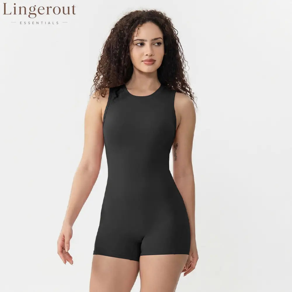 Racerback Hollow Out Back Yoga Short Jumpsuit - Black / XS