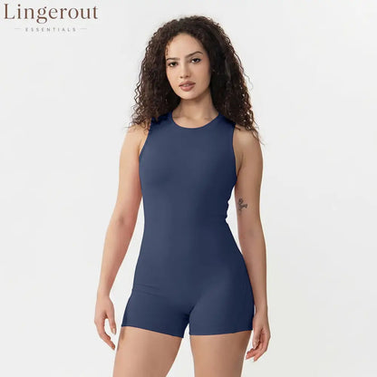 Racerback Hollow Out Back Yoga Short Jumpsuit - Blue / XS