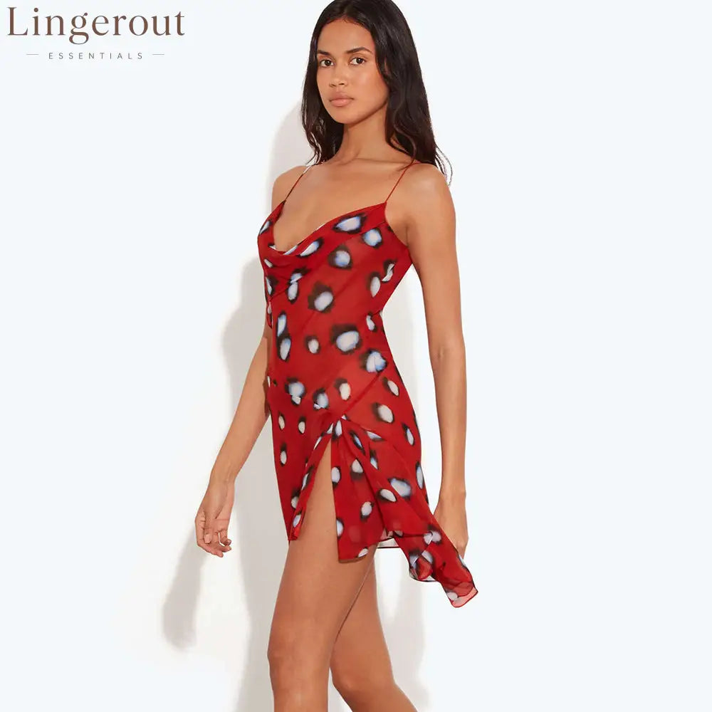 Red Abstract Spot Print Cowl Neck Spaghetti Strap High Slit Asymmetrical Mini Slip Dress
