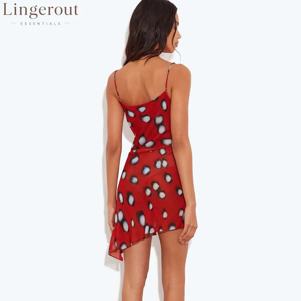 Red Abstract Spot Print Cowl Neck Spaghetti Strap High Slit Asymmetrical Mini Slip Dress