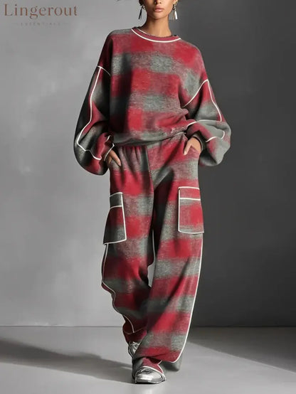 Red and Gray Plaid Color-blocked Sweatshirt and Casual Pants Two-piece set - Red Gray / S