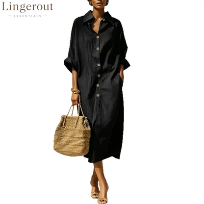 Relaxed Button Front Linen Shirt Midi Dress
