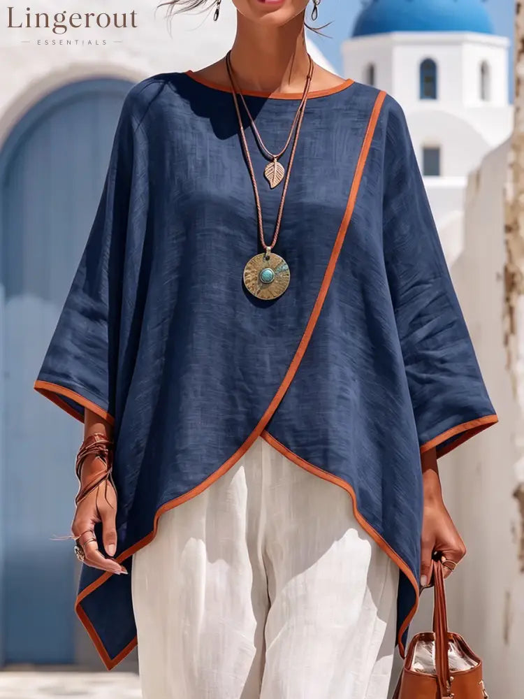 Relaxed Cotton-linen Top Shirt With Contrasting Trim - Navy / S