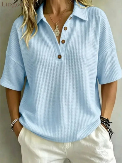 Relaxed Fit Waffle Knit Polo Top - Blue / S