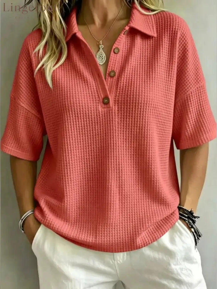 Relaxed Fit Waffle Knit Polo Top - Coral / S