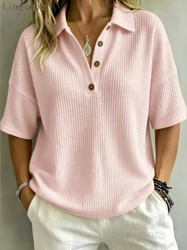 Relaxed Fit Waffle Knit Polo Top - Pink / S
