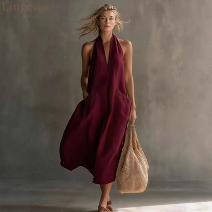 Relaxed Halter Neck Linen Midi Dress with Pockets