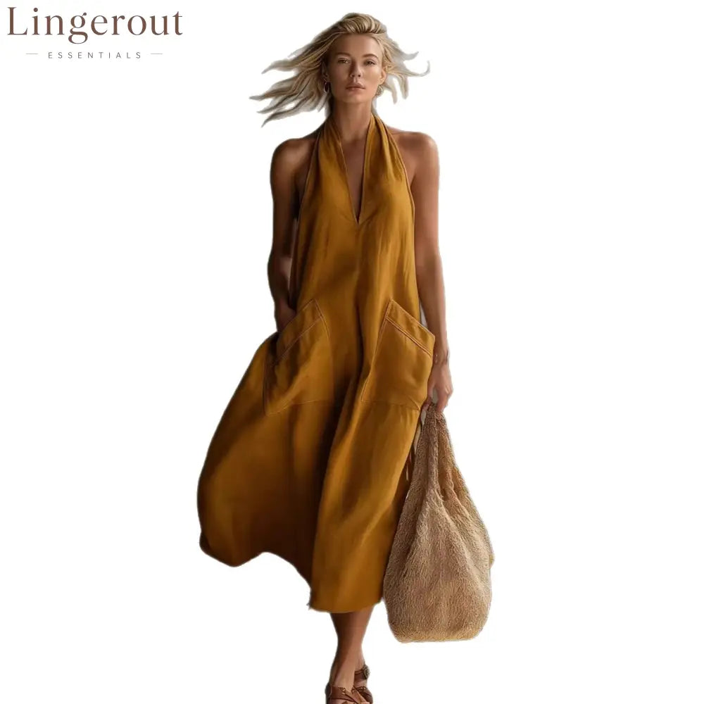 Relaxed Halter Neck Linen Midi Dress with Pockets