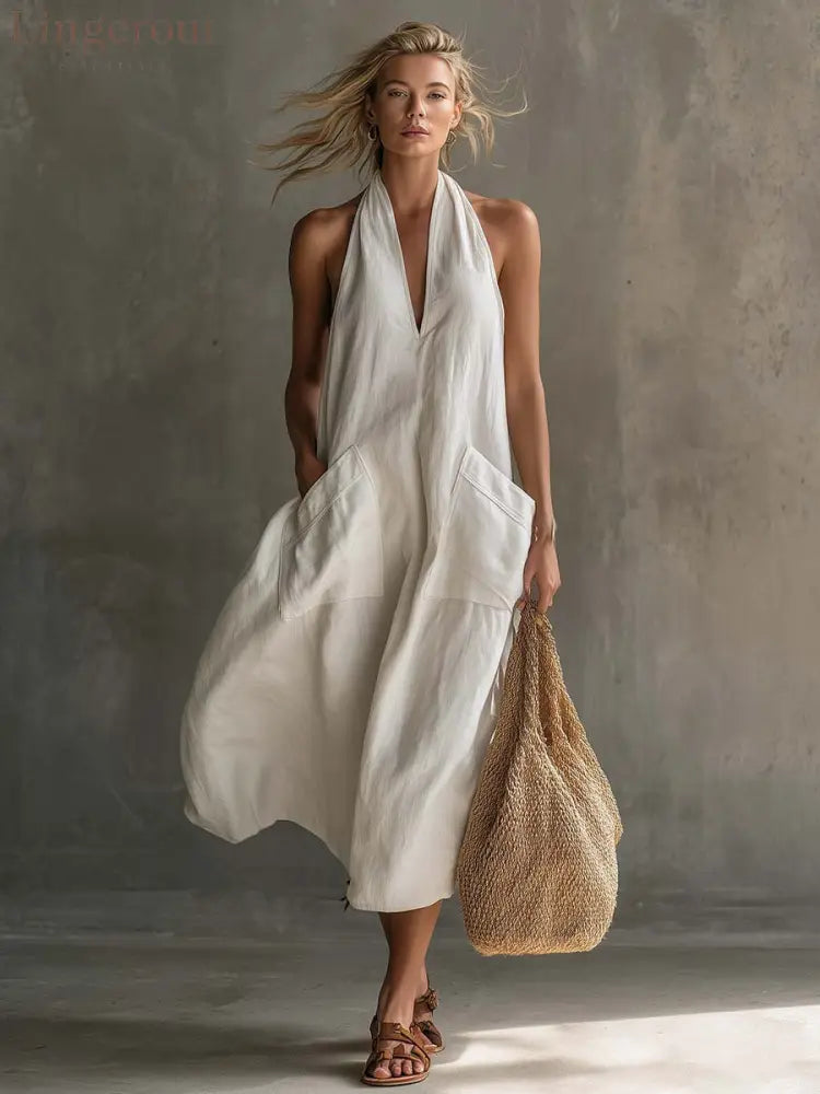 Relaxed Halter Neck Linen Midi Dress with Pockets - White / XS