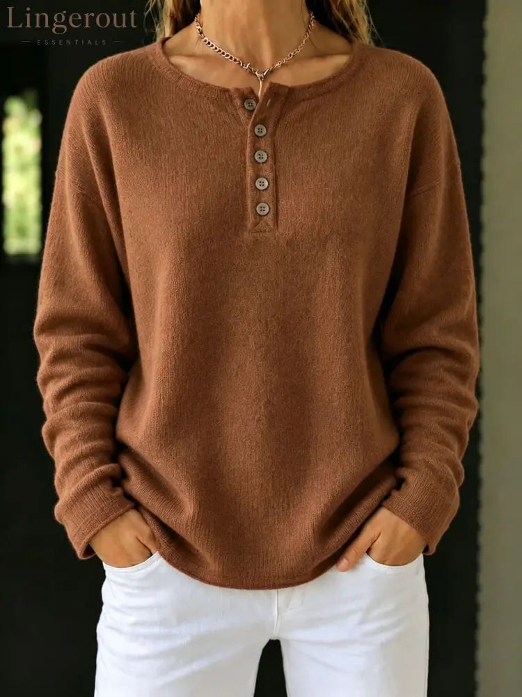 Relaxed Henley Knit Sweater - Dark brown / S
